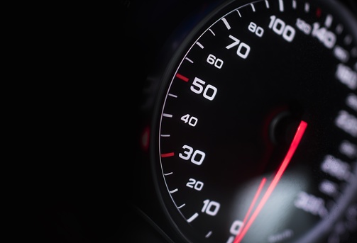 Modern Car Speedometer Closeup Photo. Transportation Technologies.