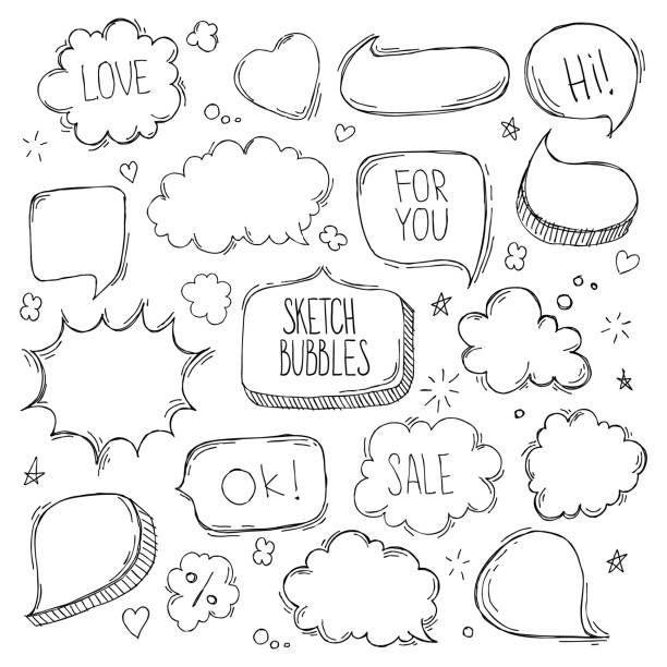 손으로 그린 스케치 연설 거품의 설정. 벡터 일러스트입니다. - twitter online messaging black and white speech bubble stock illustrations