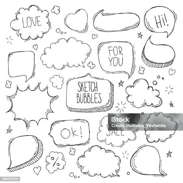Set Of Hand Drawn Sketch Speech Bubbles Vector Illustration Stock Illustration - Download Image Now