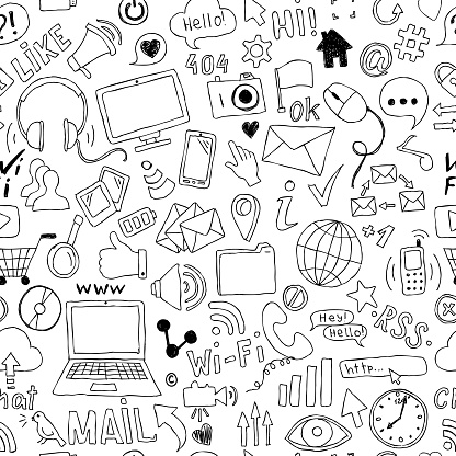 seamless pattern of hand drawn doodle cartoon objects and symbols on the Social Media theme