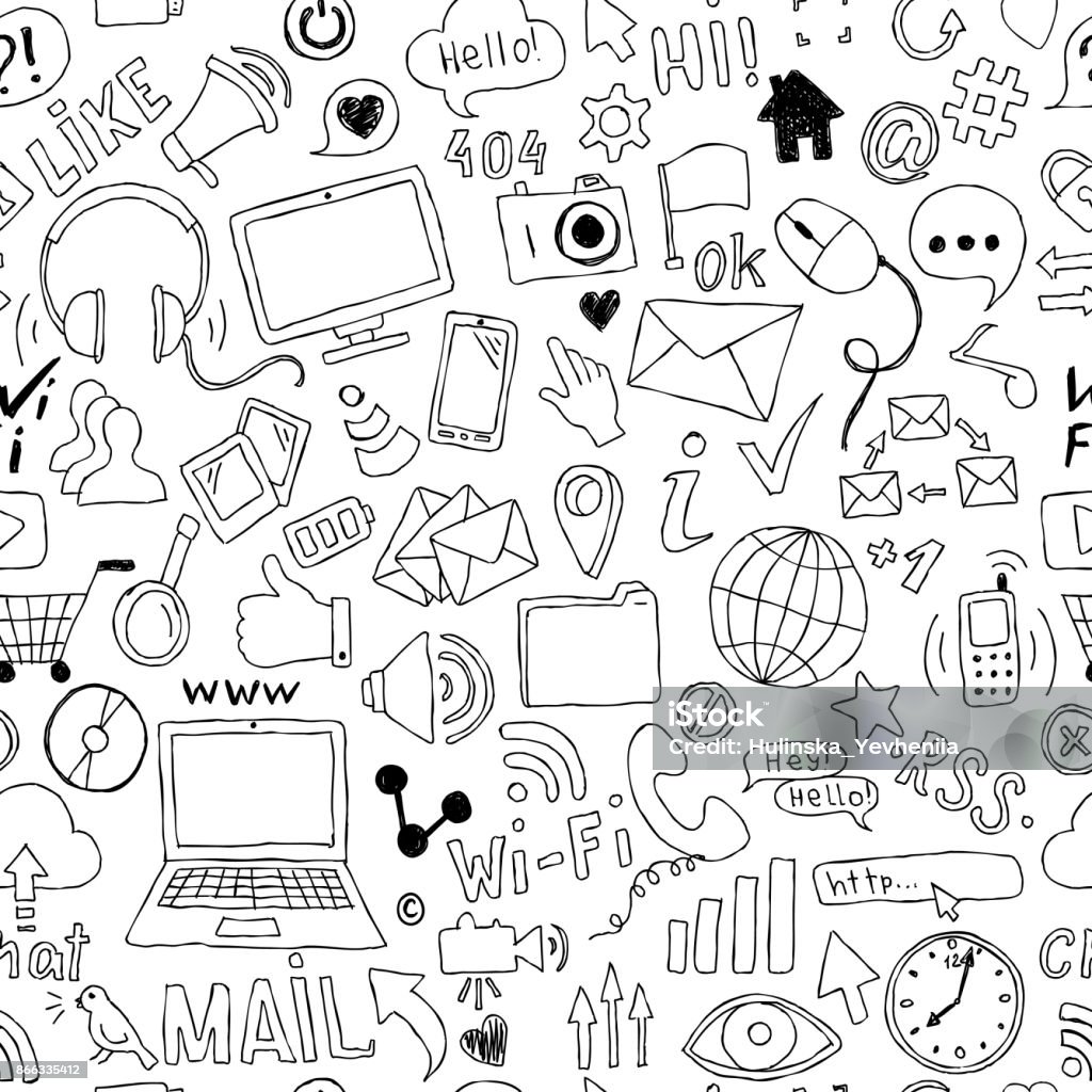 seamless pattern of hand drawn doodle cartoon objects and symbols on the Social Media theme. seamless pattern of hand drawn doodle cartoon objects and symbols on the Social Media theme Drawing - Activity stock vector