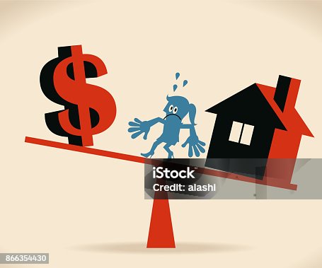 istock Business women on seesaw, imbalance between dollar sign and house 866354430
