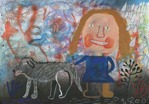 Mixed media painting of girl and the dog on graffiti wall background
