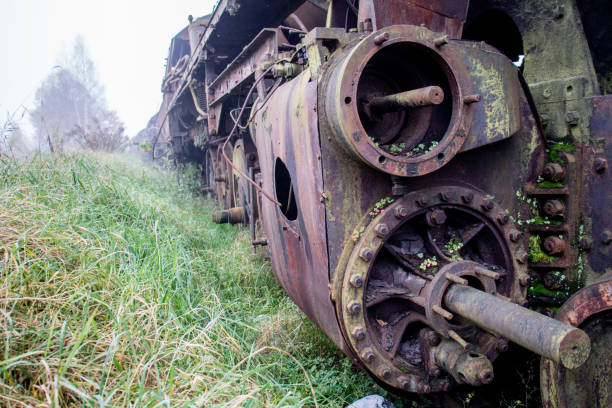 istock Old rusty trains. Old abandoned track, siding with dirty old trains. Old railway tracks 866365030