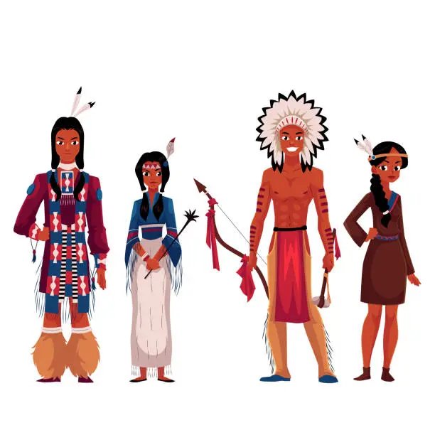 Vector illustration of Native American Indians, men and women, in traditional national costumes