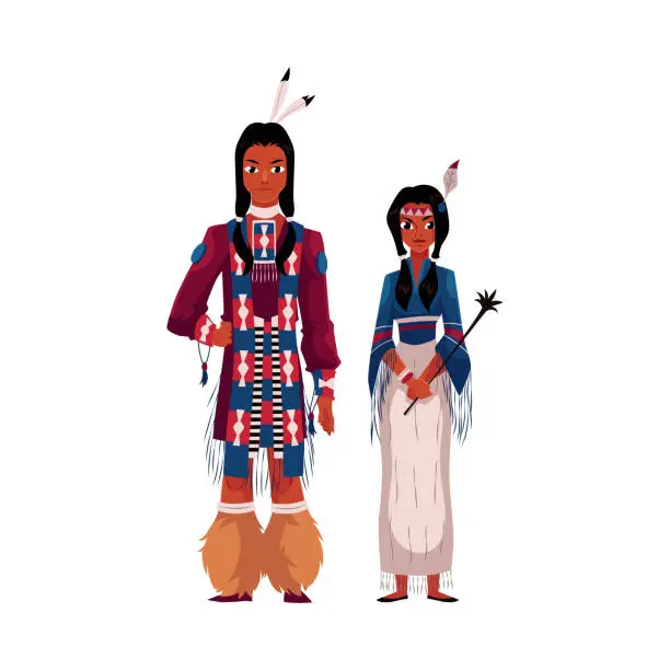 Vector illustration of Native American Indian couple in traditional national clothes, fringed shirts