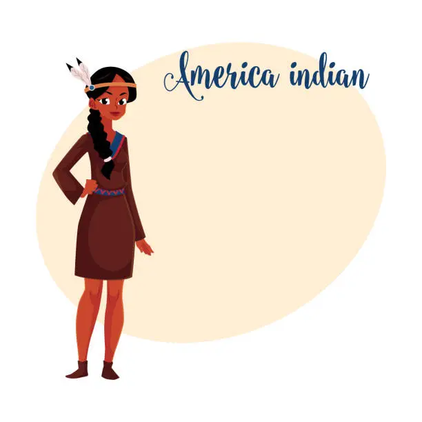 Vector illustration of Native American Indian woman in traditional, national shirt buckskin dress