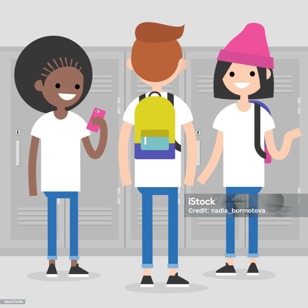 Gespräch. Vordere und hintere Ansichten von Jugendlichen im Flur der Schule. Gemischtrassig Freunde. Generation y in der Schule. Generation Z / flache bearbeitbares Vektor-Illustration, ClipArt - Lizenzfrei Reden Vektorgrafik