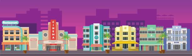 Old city retro Miami skyline panorama at sunset. Banner for site miami, skyline, florida, beach, cinema, abstract, america, apartment, architecture, background, banner, , building,cafe, cartoon city, classic design, concept,vector city, scene miami beach stock illustrations