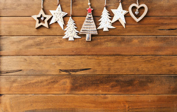 istock Wooden rustic christmas background with decorations. Top view. Copy space 866379088