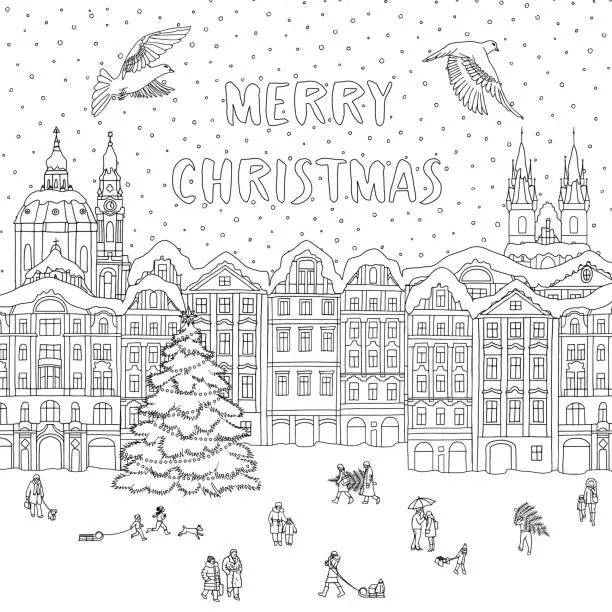 Vector illustration of City in winter at Christmas time