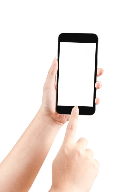 istock Close up hand holding black phone isolated on white background. 866401716