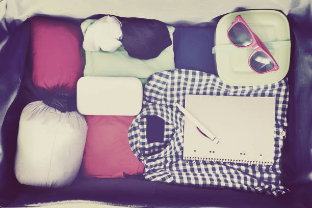 istock Travel accessories in a suitcase. Vintage toned 866401972