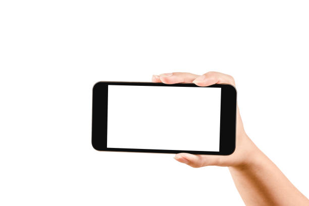 istock Close up hand holding black phone isolated on white background. 866404240