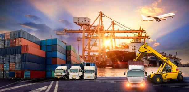 istock Logistics and transportation of Container Cargo ship and Cargo plane with working crane bridge in shipyard 866408546