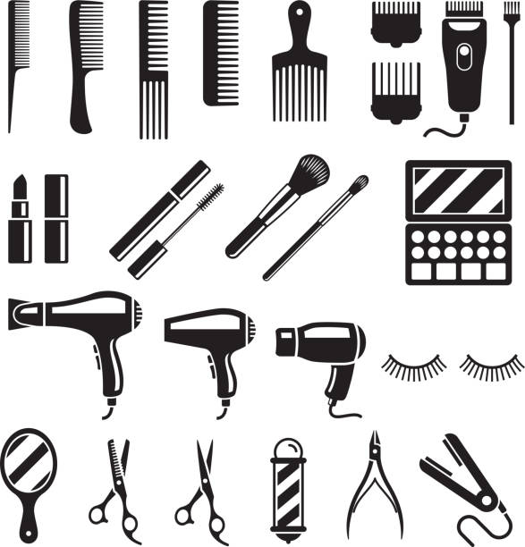 ilustraciones, imágenes clip art, dibujos animados e iconos de stock de conjunto de herramientas de peluquería. ilustraciones de vectores. - make up brush face powder make up isolated