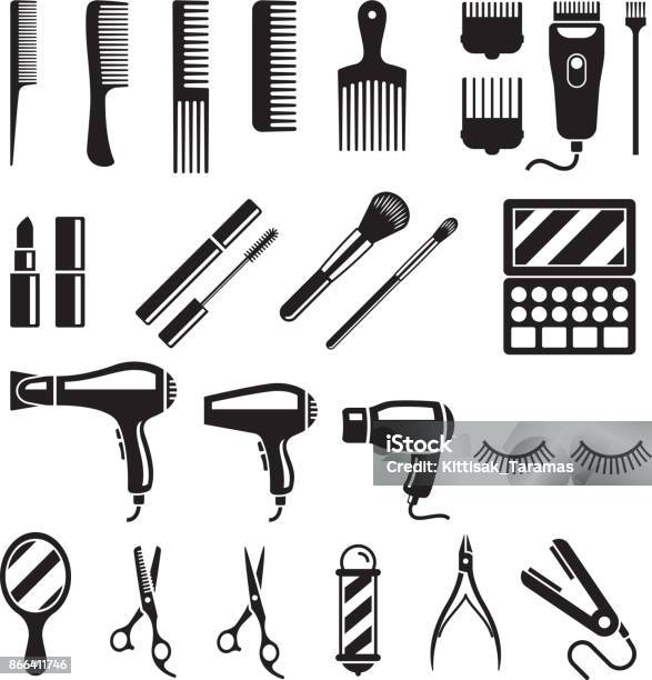 Set Of Beauty Salon Tools Vector Illustrations Stock Illustration - Download Image Now - Comb - Hair Care, Hair Salon, Icon Symbol