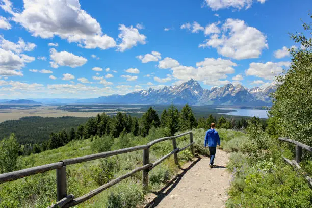 Teenage boy hiking with Jackson lake and mount Teton view in summer