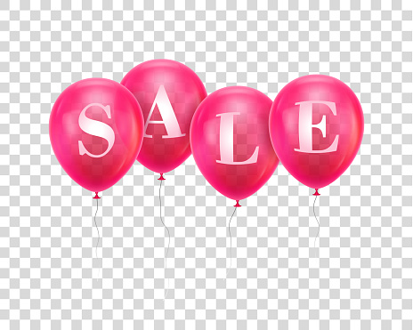 Sale pink balloon. Four pink helium balloon hanging in a row with letters Sale. Advertising banner for sellers, sites, stores, mobile applications. Vector illustration on transparent background