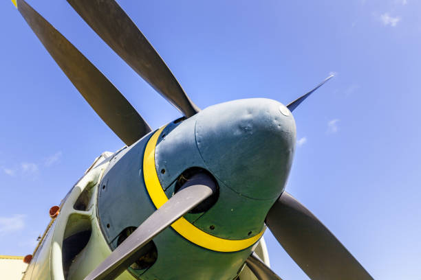 istock Old military aircraft propeller closeup 866433196