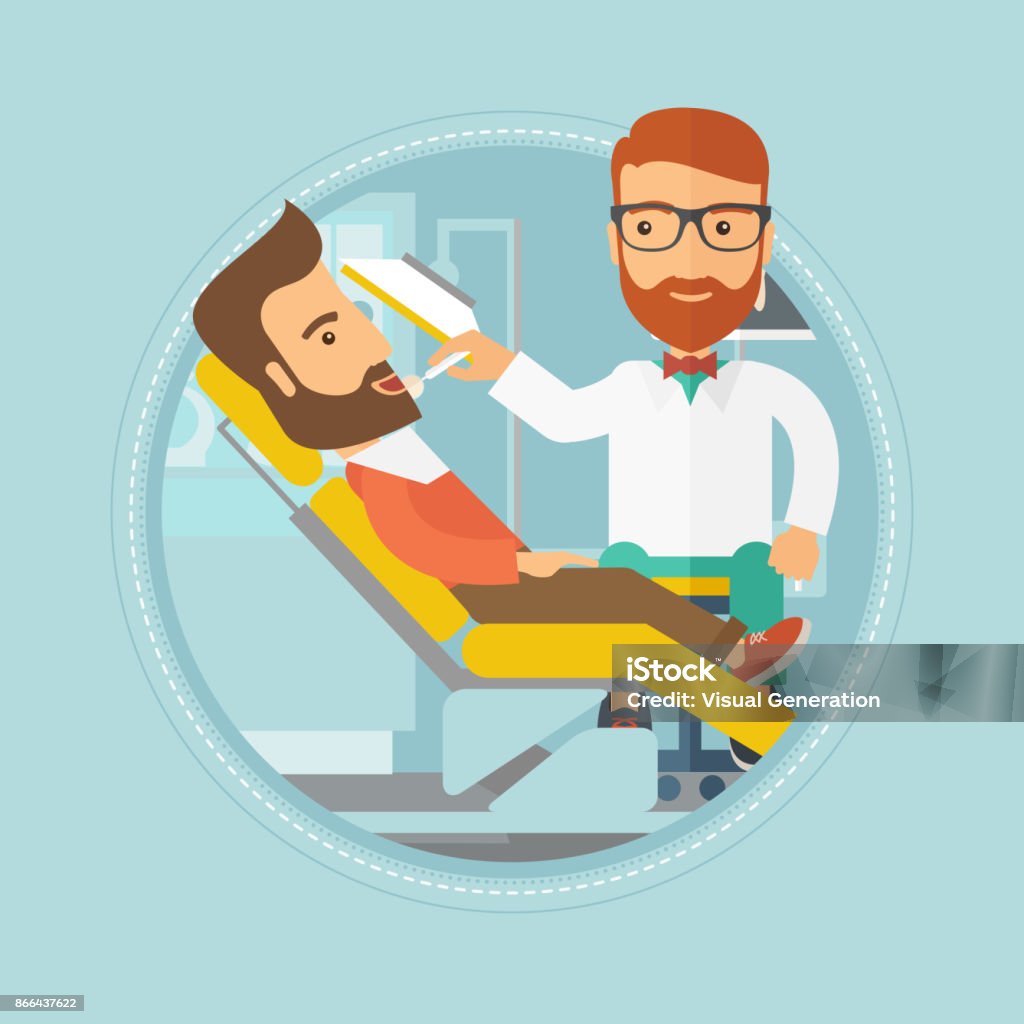 Patient on reception at the dentist Hipster man sitting in chair at the dental office. Doctor and patient in the dental clinic. Patient on reception at the dentist. Vector flat design illustration in the circle isolated on background. Adult stock vector