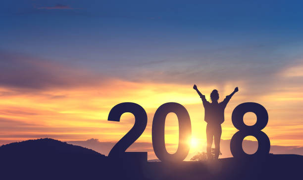 Woman enjoying on the hill and 2018 years while celebrating new year Silhouette young woman enjoying on the hill and 2018 years while celebrating new year 2018 stock pictures, royalty-free photos & images