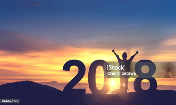 Woman Enjoying On The Hill And 2018 Years While Celebrating New Year Stock Photo - Download Image Now