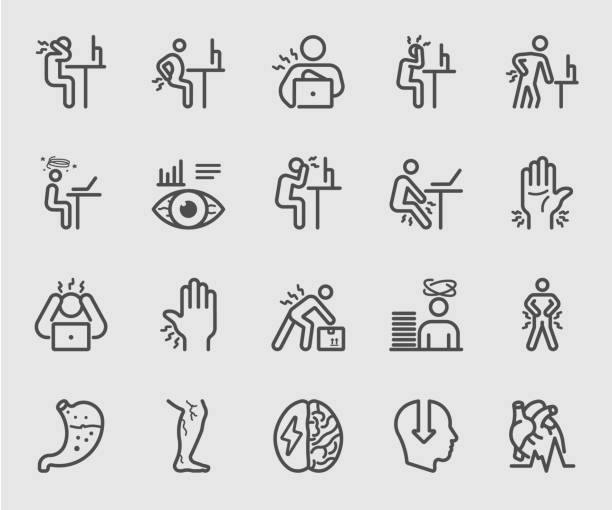 People working and Health effects, Office syndrome, Body pain line icon People working and Health effects, Office syndrome, Body pain line icon back pain stock illustrations