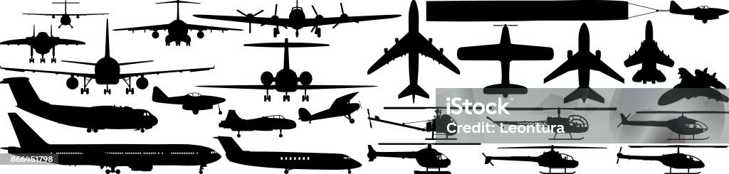 Aircraft Plane and helicopter silhouettes. Airplane stock vector