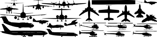 Aircraft Plane and helicopter silhouettes. airplane silhouettes stock illustrations