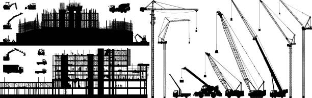 ilustrações, clipart, desenhos animados e ícones de de construção - silhouette crane construction construction site