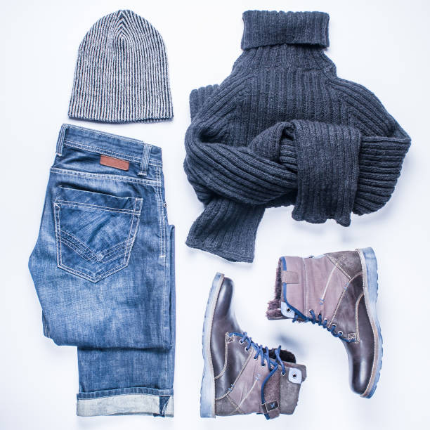 istock Men's winter clothes on white background. Flat lay and top view 866455096