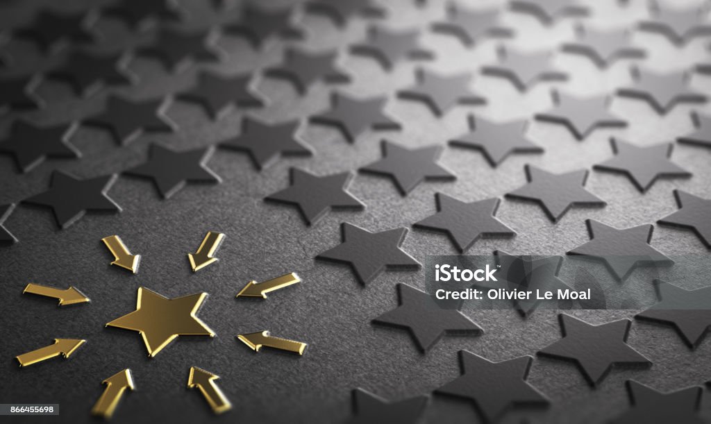 Case Study or focus on one element Many stars in relief on paper background with focus on a golden one. Concept of case study or focus. 3D illustration Quality Stock Photo