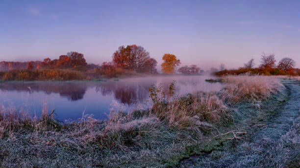 istock Frosty autumn morning landscape on river. Cold scenery with hoarfrost on the grass. Fall background 866456604