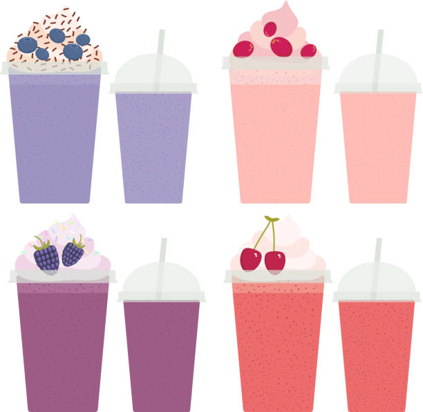 illustrations, cliparts, dessins animés et icônes de cerises cranberry blueberry blackberry à emporter smoothie transparent tasse en plastique avec de la crème fouettée et de paille. isolé sur fond blanc. vector - milk shake smoothie blackberry isolated