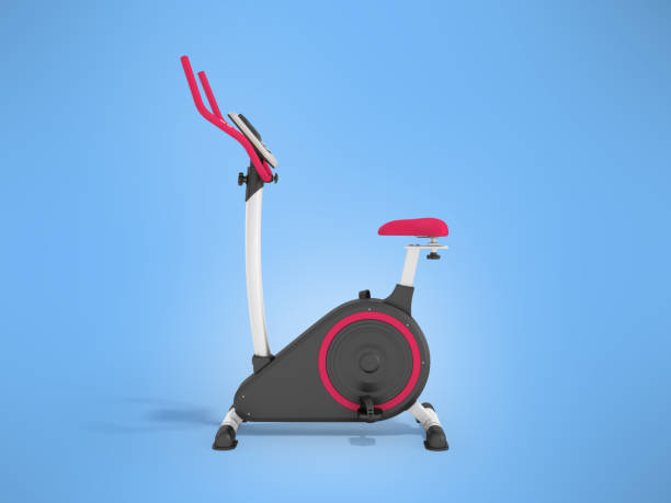 istock Modern exercise bike pink on the left 3d render on a blue background 866464046