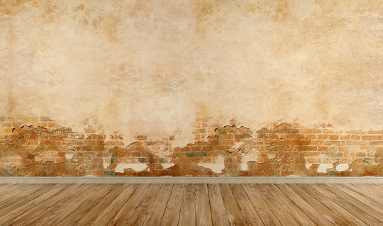 Empty room with old wall and wooden floor - 3d rendering\n