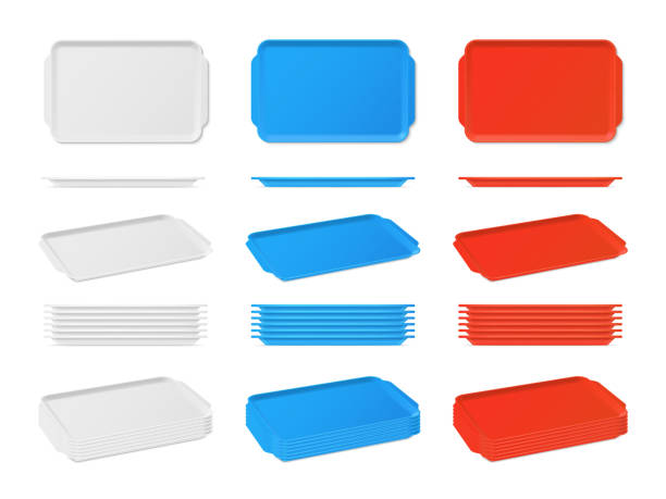 ilustrações de stock, clip art, desenhos animados e ícones de realistic plastic blank food tray with handles. rectangular kitchen salvers - plastic tray