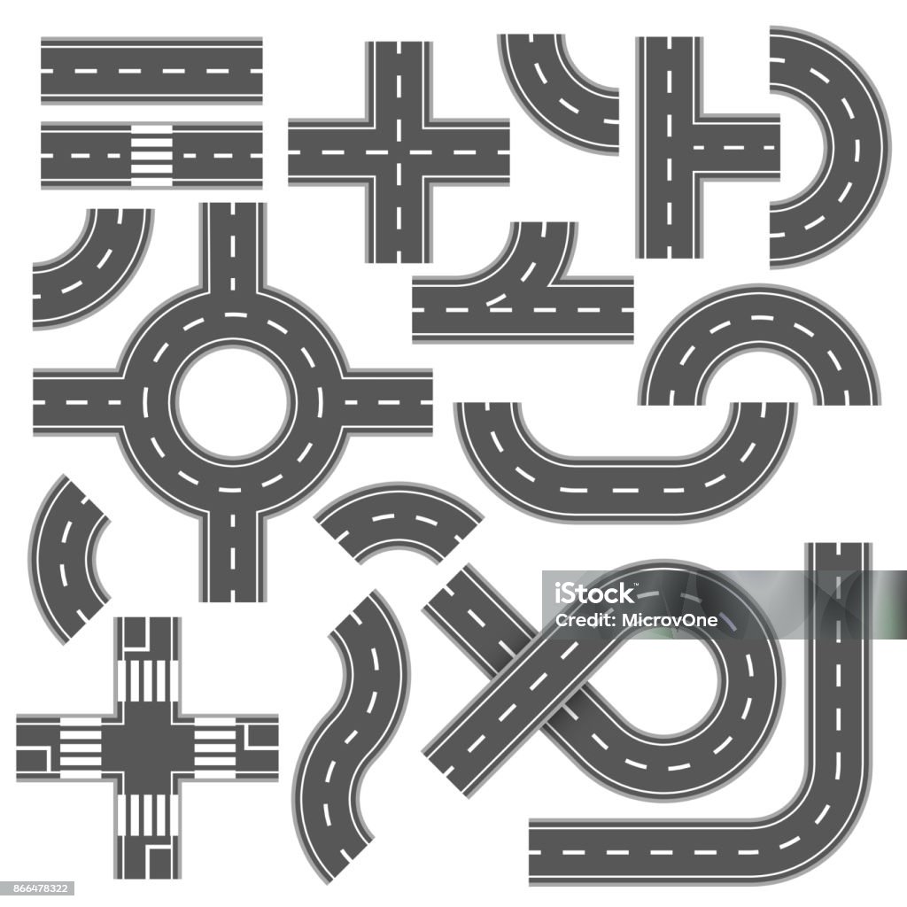 Street and road with footpaths and crossroads. Vector elements for city map Street and road with footpaths and crossroads. Vector elements for city map. Highway asphalt path traffic streets Road stock vector