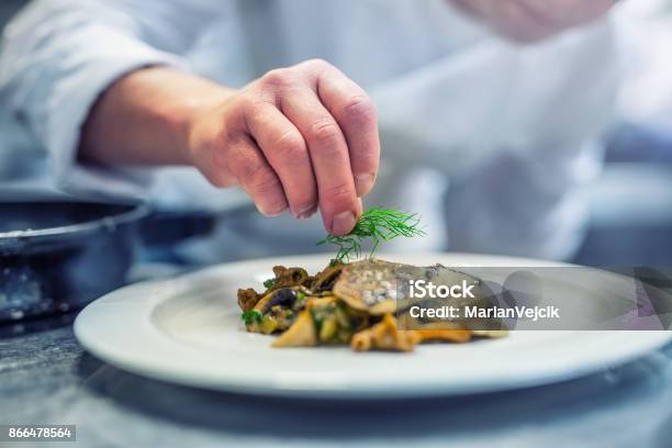 Chef In Hotel Or Restaurant Kitchen Cooking Only Hands Prepared Fish Steak With Dill Decoration Stock Photo - Download Image Now