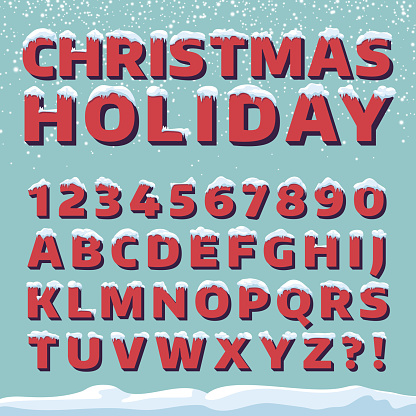 Christmas holiday vector font. Retro 3d letters with snow caps. Christmas font with snow and ice, abc and digit illustration