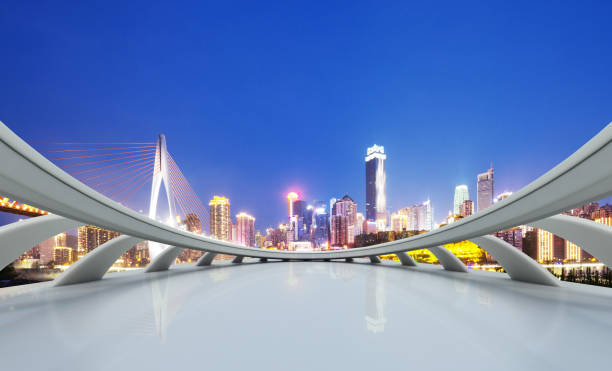 istock empty marble floor with modern bridge and modern city 866481116