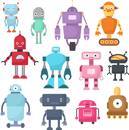 Cute cartoon robots, android and spaceman cyborg isolated vector set
