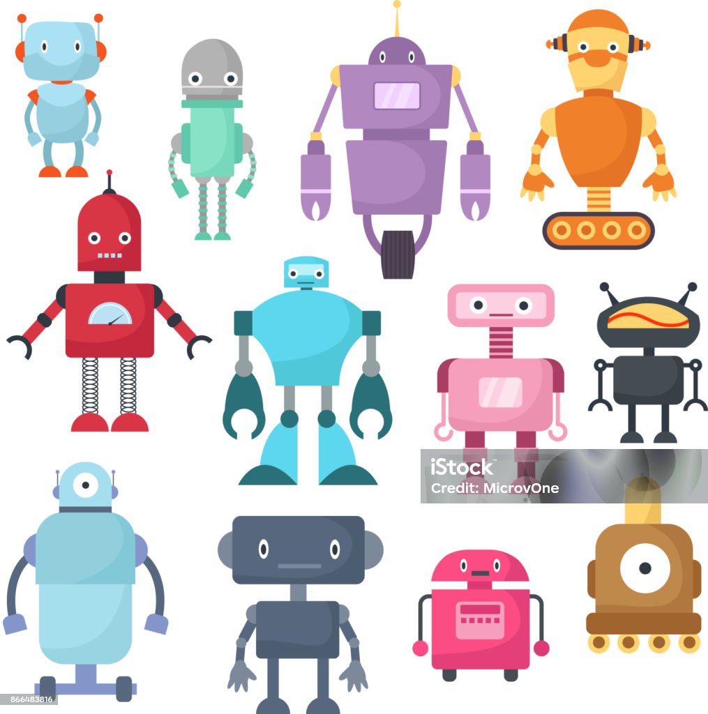 Cute cartoon robots, android and spaceman cyborg isolated vector set Cute cartoon robots, android and spaceman cyborg isolated vector set. Robot characters illustration Robot stock vector
