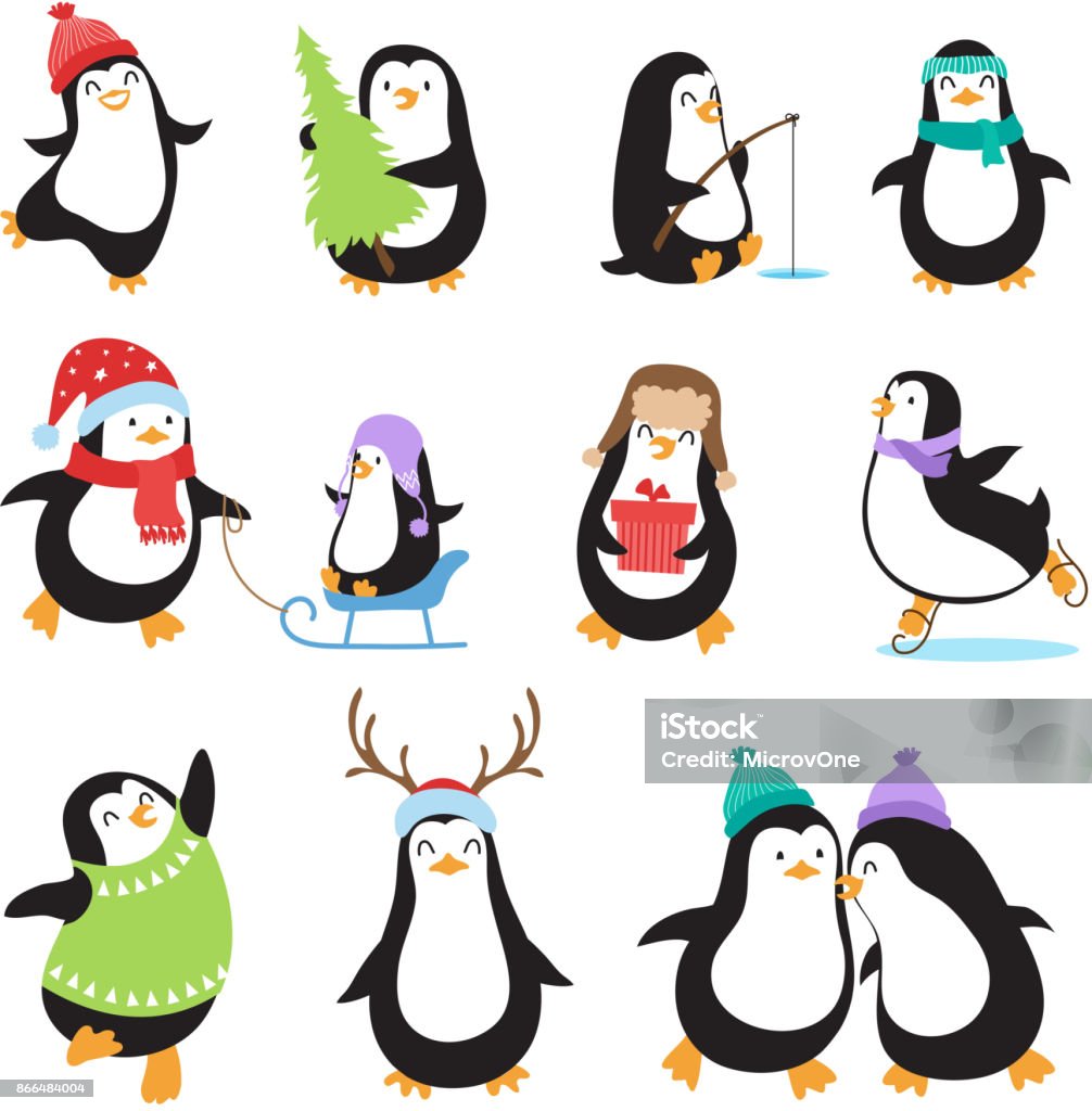 Cute cartoon penguins. Winter holidays vector animals set Cute cartoon penguins. Winter holidays vector animals set. Penguin character and xmas mascot bird illustration Penguin stock vector