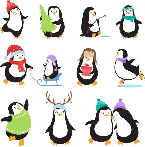 Vector illustration of Cute cartoon penguins. Winter holidays vector animals set