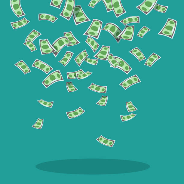 Design concept money rain flat style Vector illustration of falling money banknotes dollars blue background. Design concept money rain flat style. Abundance, luck and success pennies from heaven stock illustrations