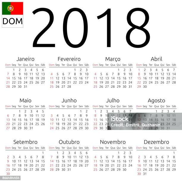 Calendar 2018 Portuguese Sunday Stock Illustration - Download Image Now - 2018, Annual Event, Beginnings