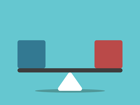 Simple seesaw scales weighing blue and red abstract cubes. Balance, comparison and equality concept. Flat design. Vector illustration, no transparency, no gradients