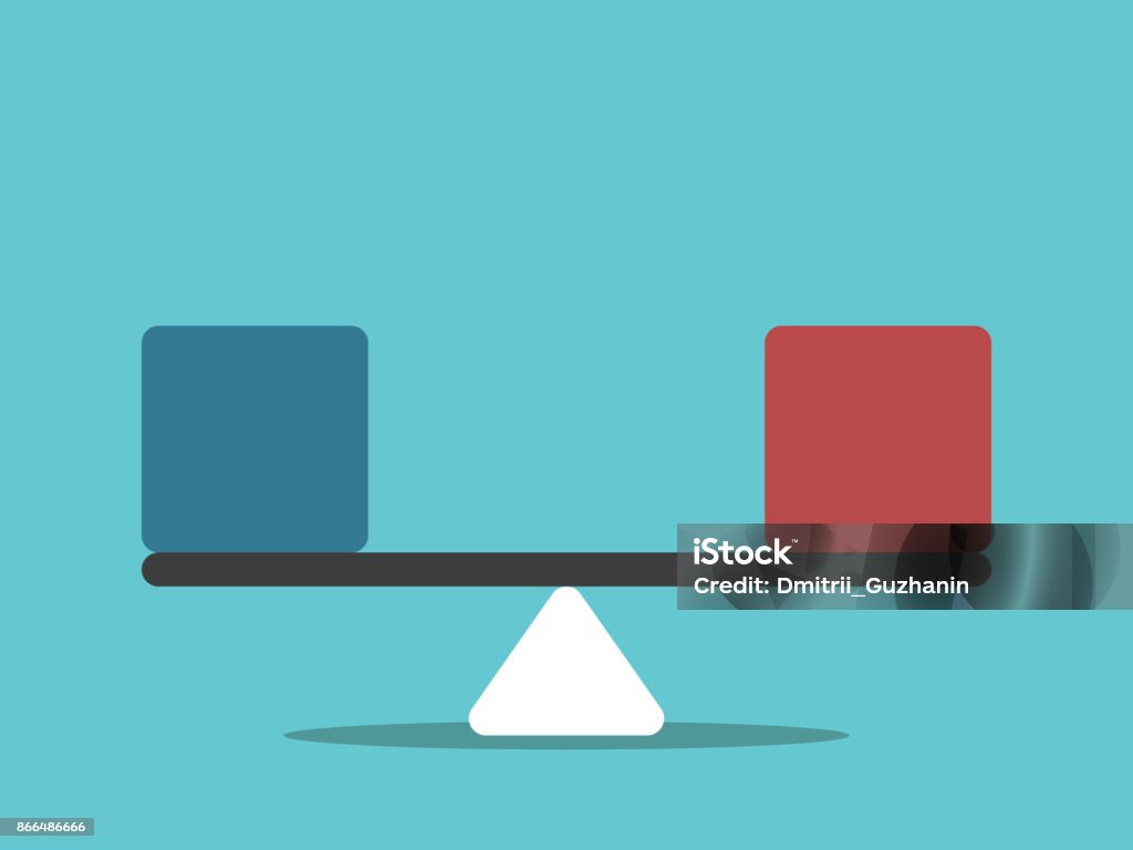 Scales, blue, red cubes Simple seesaw scales weighing blue and red abstract cubes. Balance, comparison and equality concept. Flat design. Vector illustration, no transparency, no gradients Weight Scale stock vector